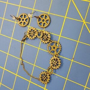 Sprocket 0.75" Earrings & 9" Bracelet Set Antique Metal